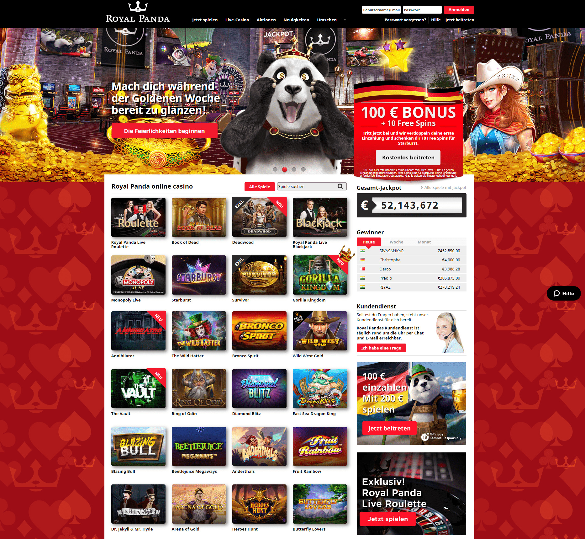 Royal Panda Casino - Wilkommensbons bis 500 Euro & 10 Freispiele